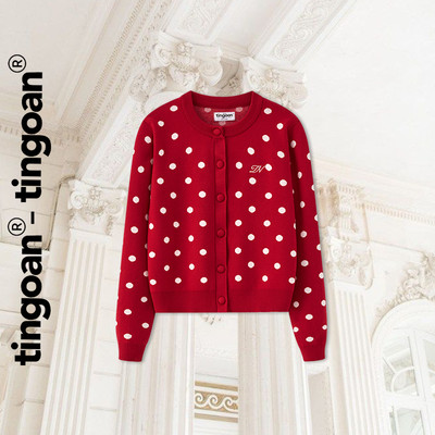 TINGOAN® - Áo khoác dệt kim đỏ cardigan phối chấm bi DOTTIE CARDIGAN/DR
