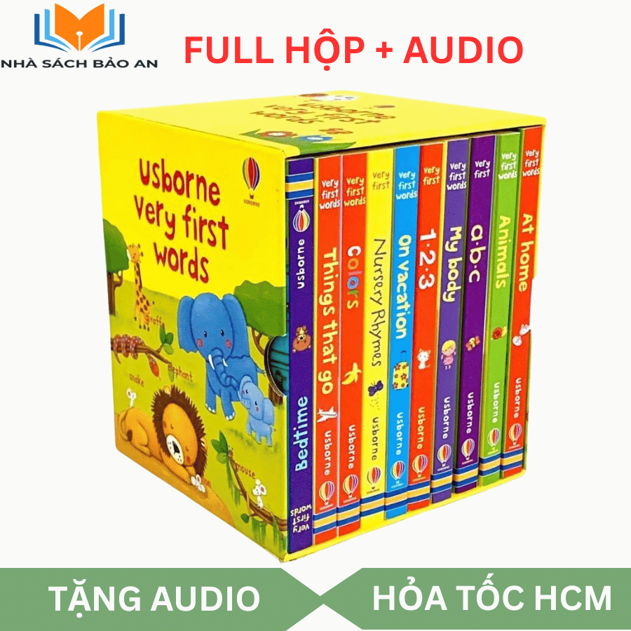 Sách - Usborne very first words 10 cuốn + File Mp3, boardbook full hộp cứng đẹp