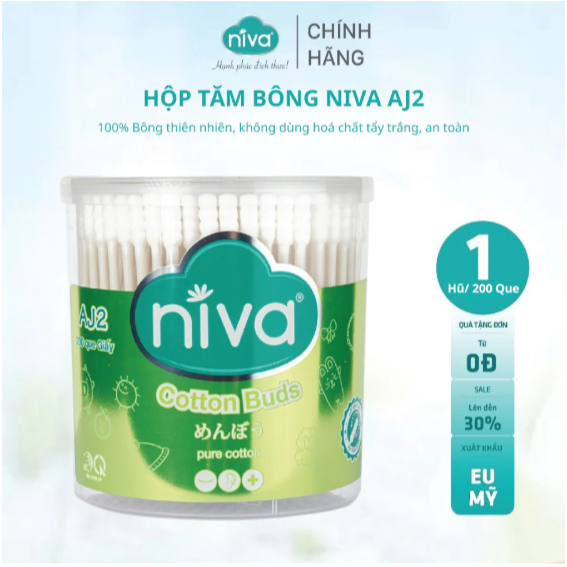Combo 2 Hũ Tăm Bông NIVA 200 Que Giấy AJ2 – Bông Tự Nhiên, An Toàn, Thân Thiện Môi Trường