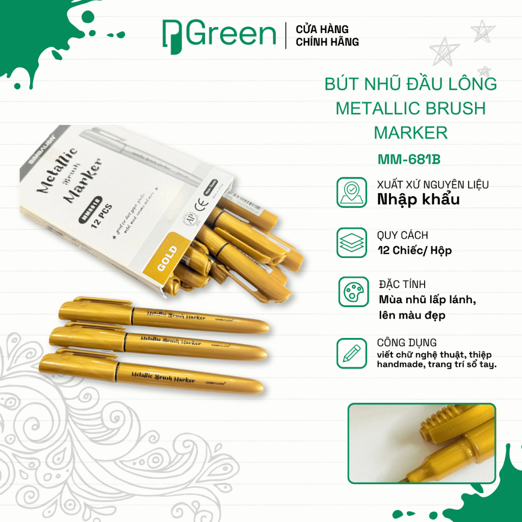 Bút Nhũ Đầu Lông Metallic Brush Marker MM-681B – Bút Brush Pen Nhũ Ánh Kim Viết Calligraphy, Trang T