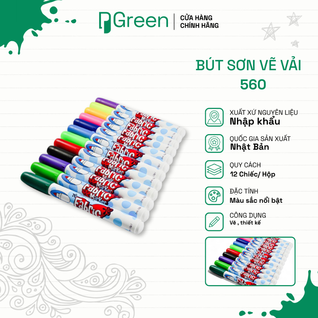 Bút Sơn Vẽ Vải Marvy 560 – Bút Vẽ Áo, Vẽ Túi Canvas, Mực Bền Màu, Không Phai, Handmade | PGREEN
