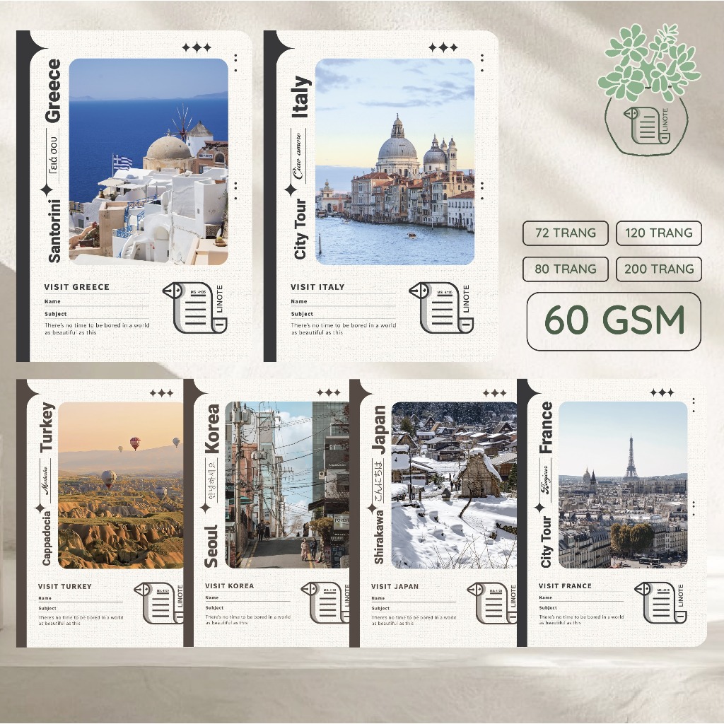Vở kẻ ngang LINOTE Travel - Phong cảnh Thế giới, B5, (72-80-120-200 Trang), Giấy 60gsm, Vở học sinh, Tập sinh viên