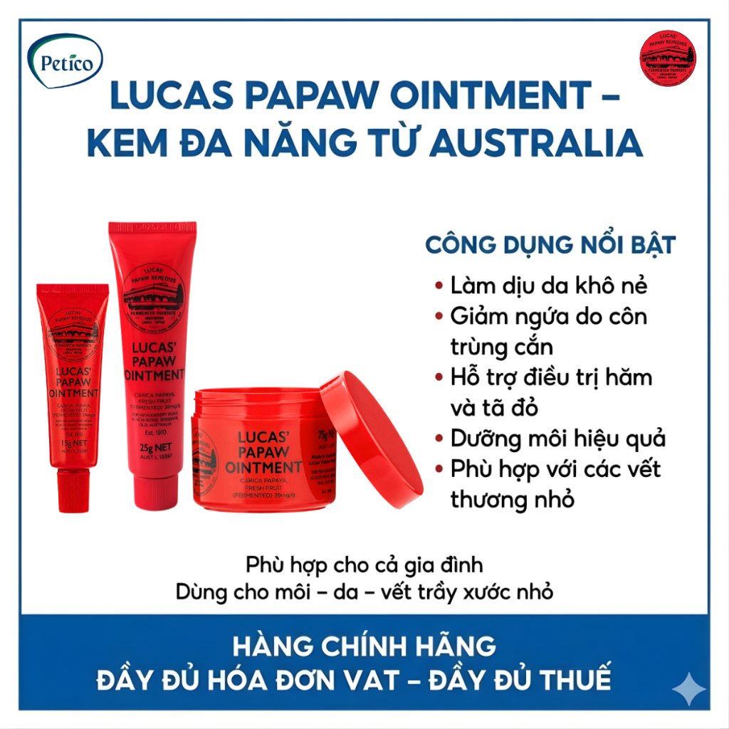Kem bôi đa năng Lucas Papaw 25g chiết xuất đu đủ giữ ẩm môi, làm dịu da, mẩn ngứa, Nội địa Úc