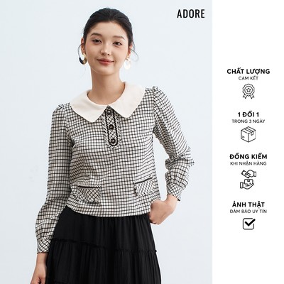 512SH1035 - Sơ mi karo đen trắng phối cổ dây trang trí ADORE