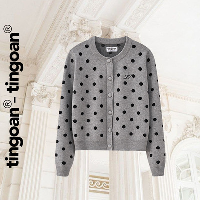 TINGOAN® - Áo khoác dệt kim xám cardigan phối chấm bi DOTTIE CARDIGAN/GR