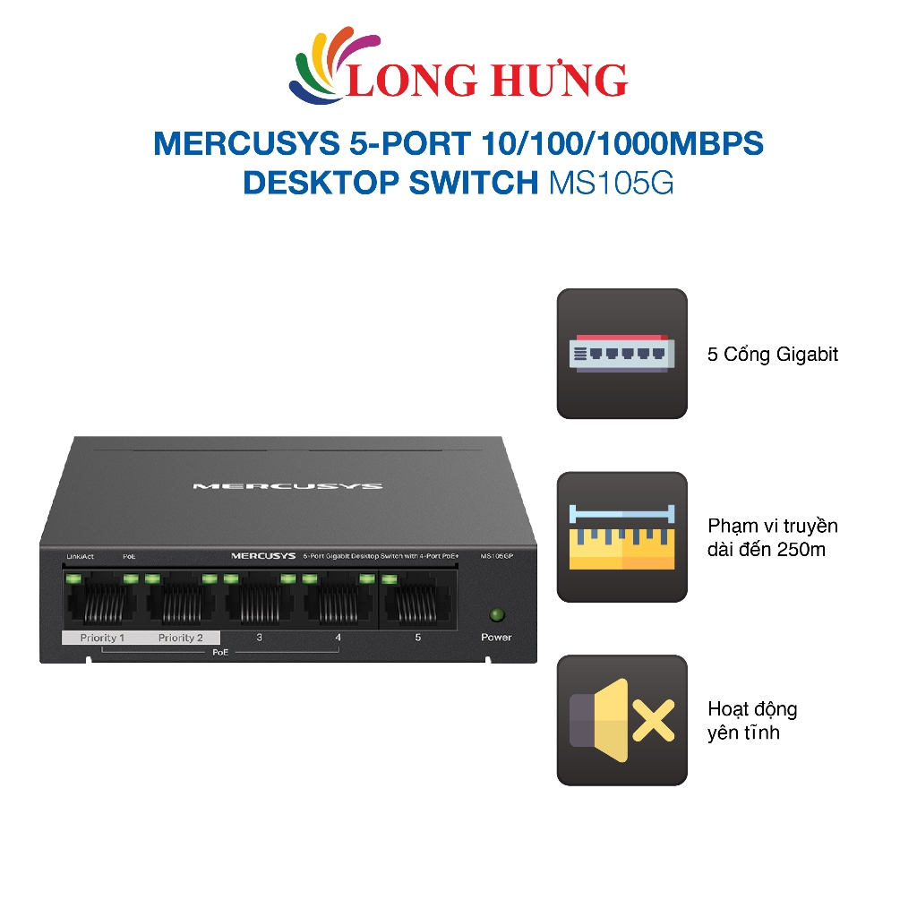 Switch Mercusys 5-Port 10/100/1000Mbps Desktop Switch MS105G - Hàng chính hãng