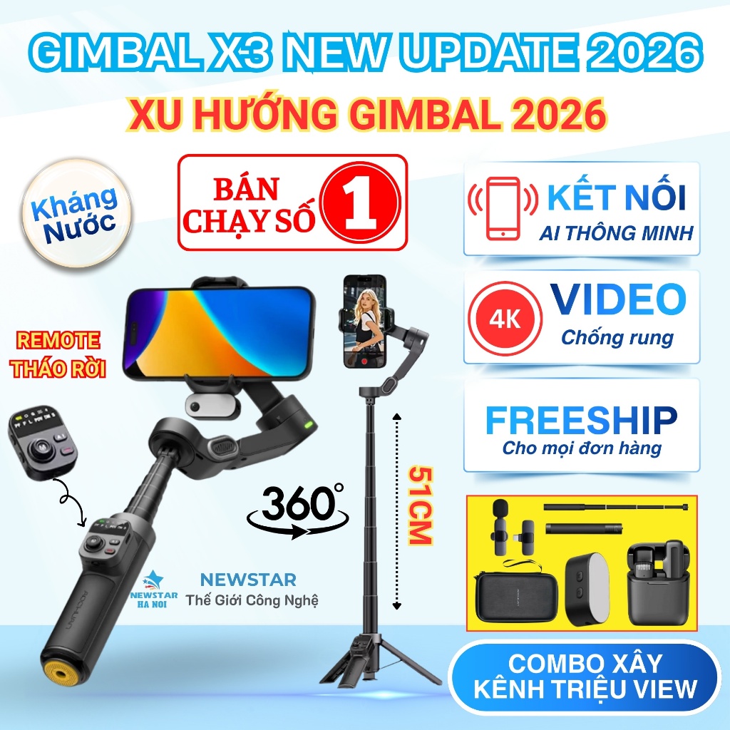 Gimbal điện thoại smart X3, Gậy gymbal chống rung 360 độ bản nâng cấp mới nhất 10.0 Tracking 2026