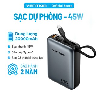  Sạc Dự Phòng 20000mAh 45W Vention PD3.0 Tốc Độ Cao,Thiết Kế Nhỏ Gọn Tích Hợp Dây Type-C Cho Điện Thoại,Tai Nghe,Tablet 