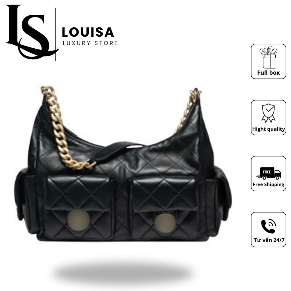 Túi xách c.h.a.n.e.l hobo Louisa Store, da chần, nhiều ngăn tiện dụng, dây xích kim loại sang trọng
