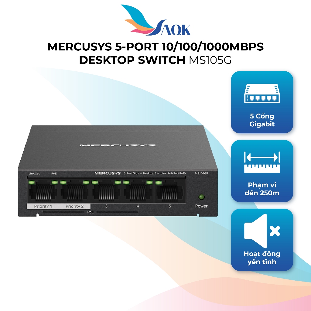 Switch Mercusys 5-Port 10/100/1000Mbps Desktop Switch MS105G - Hàng chính hãng