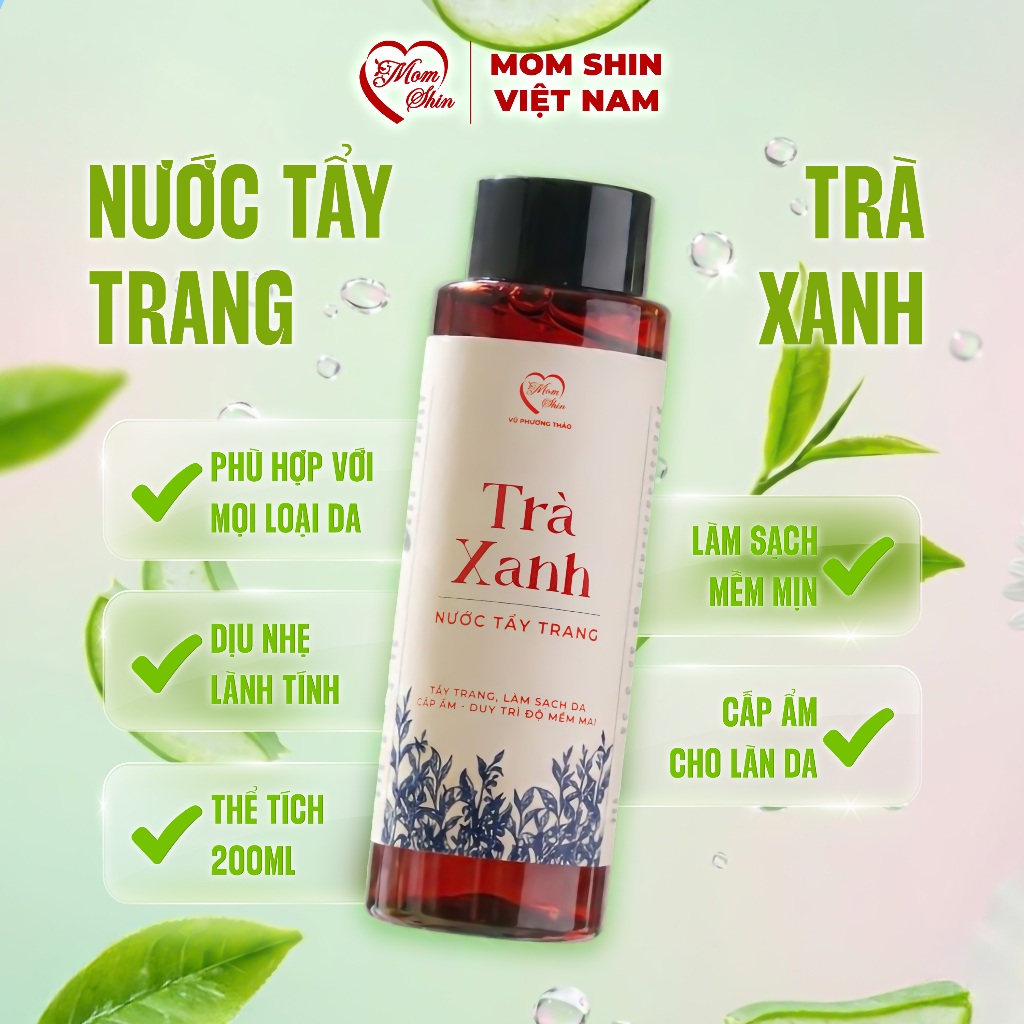 Tẩy trang trà xanh MOM SHIN, chai 200ml, giúp làm sạch da mặt, dịu, lành tính