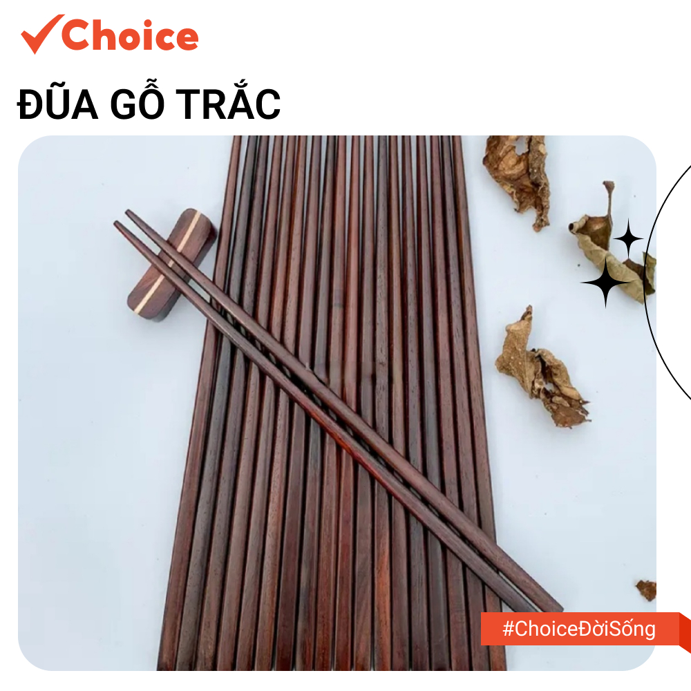Bộ 10 đôi đũa gỗ trắc Choice màu và vân gỗ tự nhiên, không chất nhuộm màu, tảy rửa độc hại.