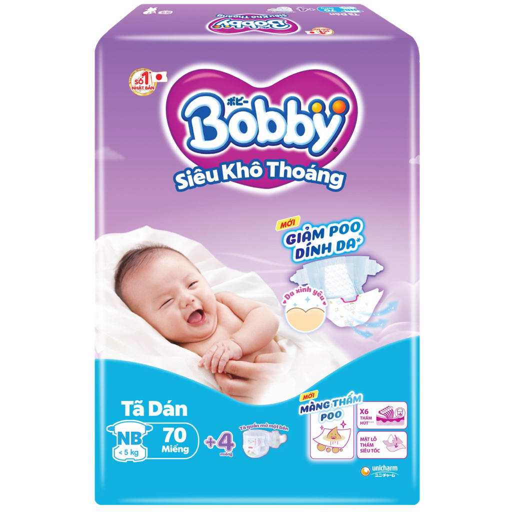 [BOBBY] Tã dán Bobby NB70lõi nén thần kì 3mm, tinh chất gạo non