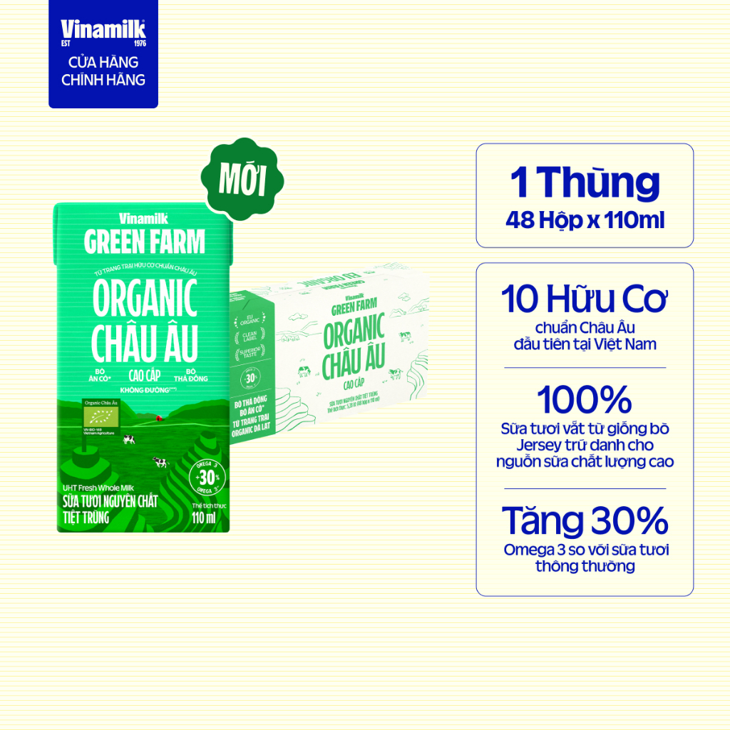 [Sản Phẩm Mới] Thùng 48 hộp Sữa tươi Nguyên Chất Tiệt Trùng Vinamilk GreenFarm Organic 110ml