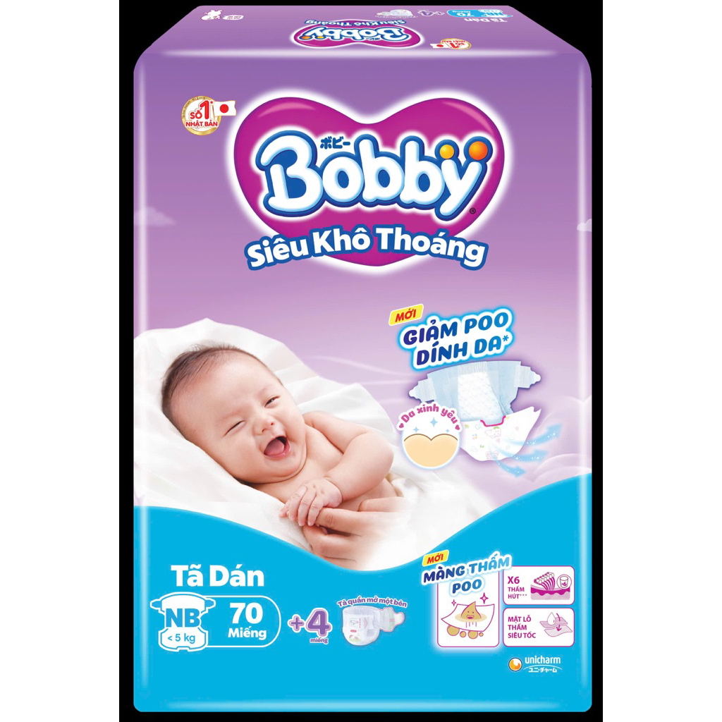 Tã dán Bobby NB70 tặng thêm 4 miếng tã quần 1 bên cùng size cho bé