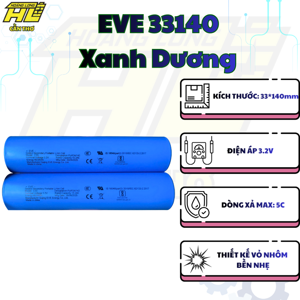 EVE 33140 Xanh Dương 15Ah 3.2V - Tặng Kèm Khung