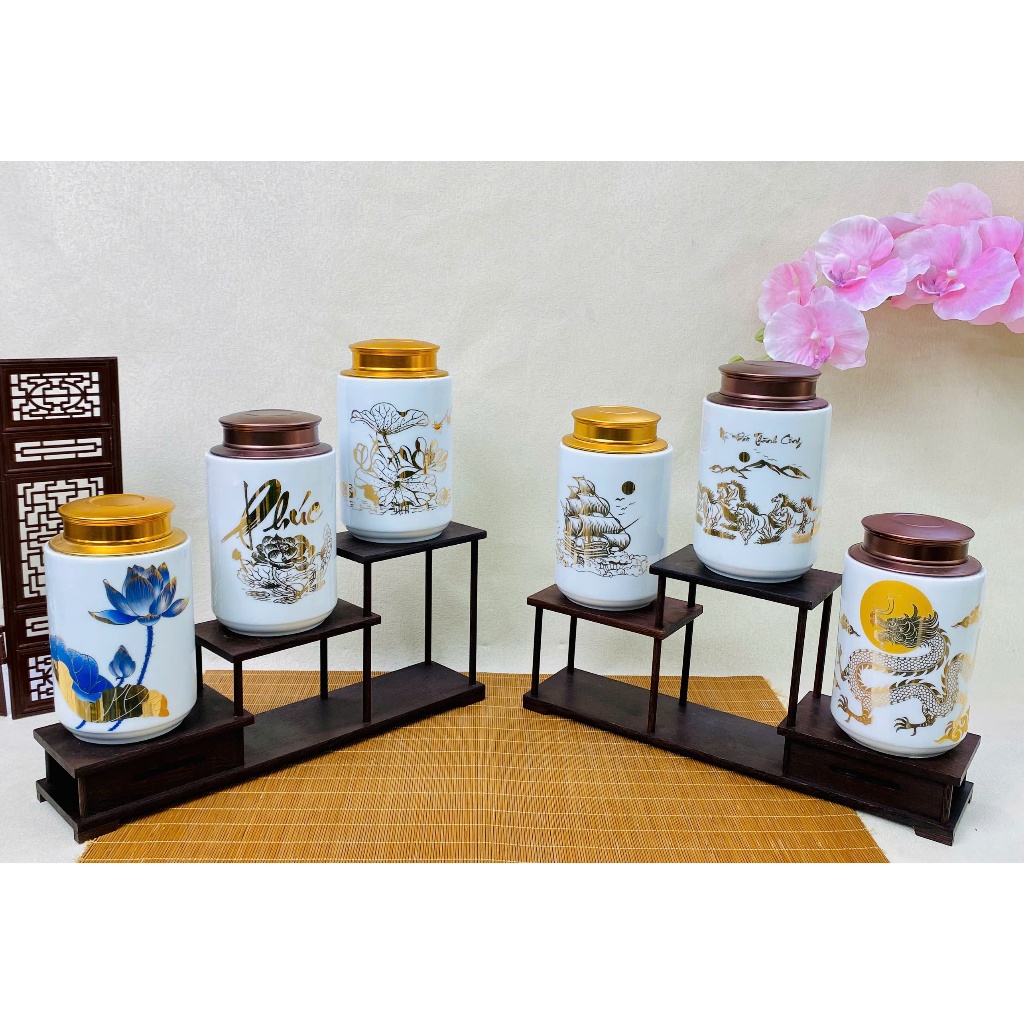 Hũ Đựng Trà, Hũ Trà Gốm, Hộp Đựng Trà, Caffe, Các Loại Hạt ,Vẽ Vàng Kim Cao Cấp Bát Tràng