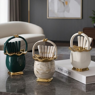  Hũ sứ đựng thìa nĩa viền vàng có tay cầm Vuông Nơ E008 | Lẵng sứ Vuông Nơ Decor 3 màu Vân Đá - Trắng - Xanh Cổ Vịt 
