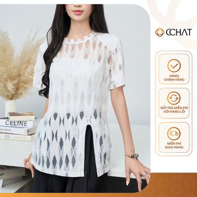 Áo Thun Nữ 𝐂𝐂𝐇𝐀𝐓 Dáng Suông Xẻ V Trước Chất Liệu Mềm Mại 15TNC5006ST