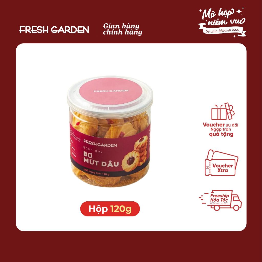 Bánh Quy Bơ Mứt Dâu Fresh Garden, giòn, ngọt nhẹ, thơm bơ, hộp 120G