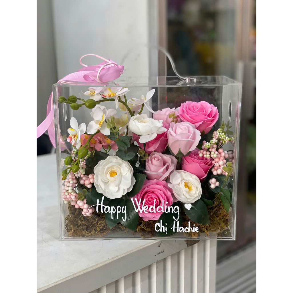 Hộp Mica Hoa Sáp mix Lụa MS904 – Size 27x24x14cm