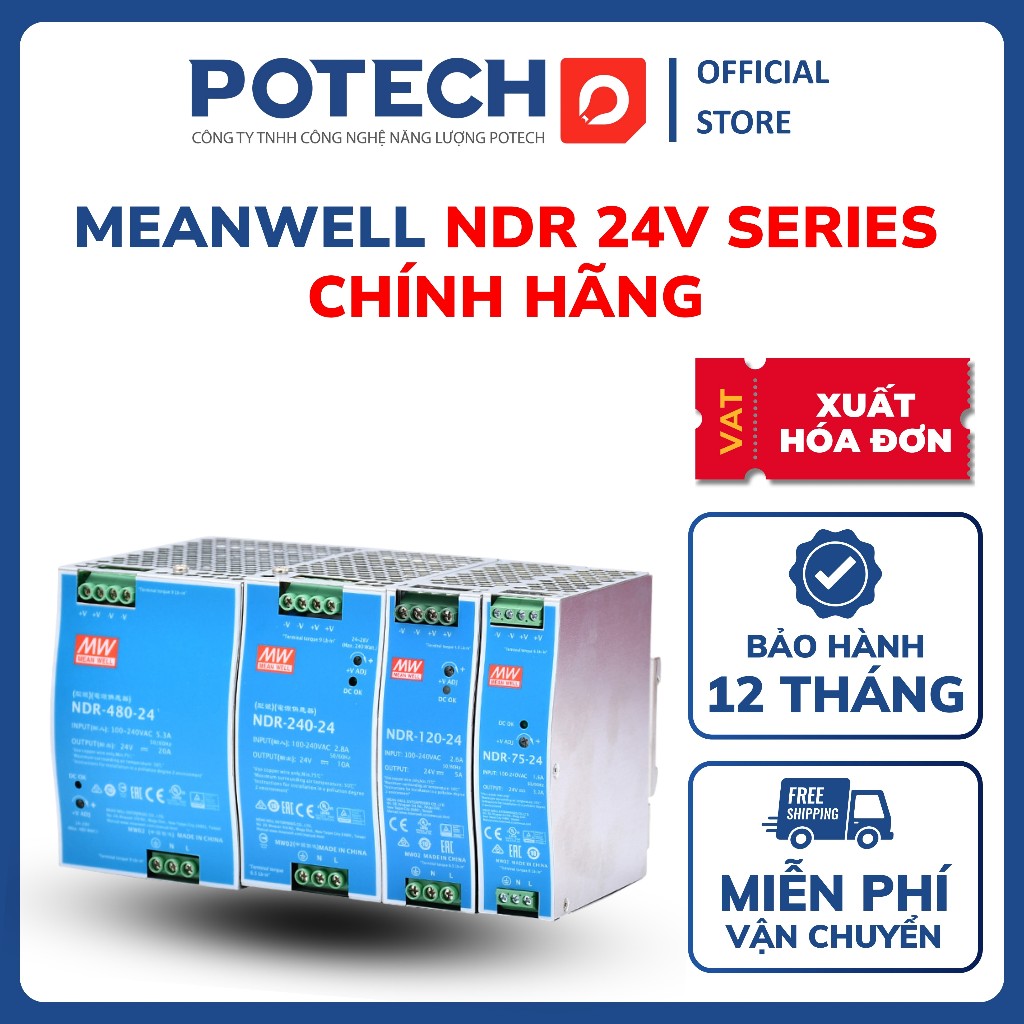 Nguồn MEANWELL NDR-75-24, NDR-120-24, NDR-240-24, NDR-480-24, nguồn Din Rail 24V