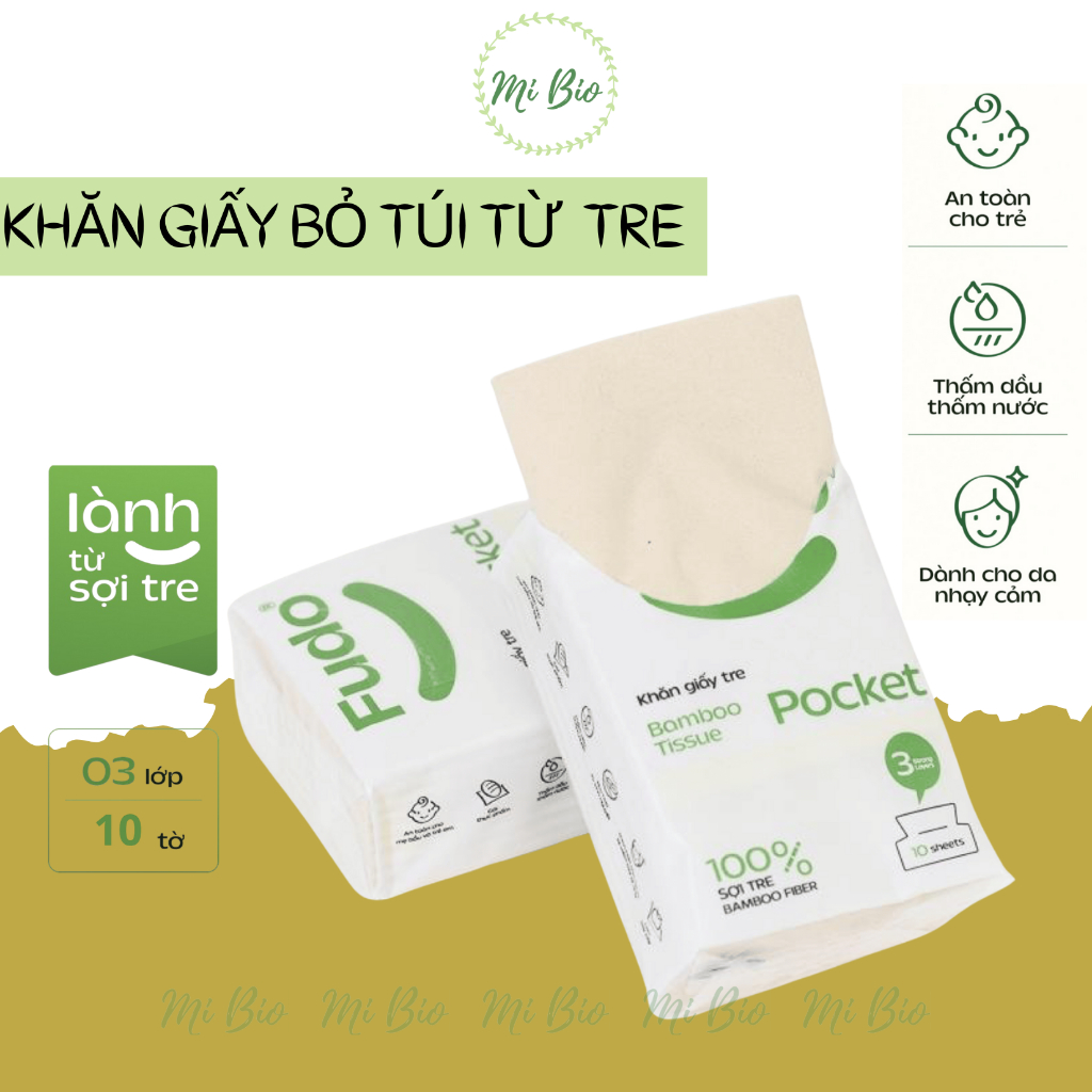Khăn giấy rút bỏ túi 3 Lớp 10 Tờ Fudo - Khăn giấy rút đa năng - Không bụi mịn - Không chất tẩy - An Toàn cho bé - MiBio