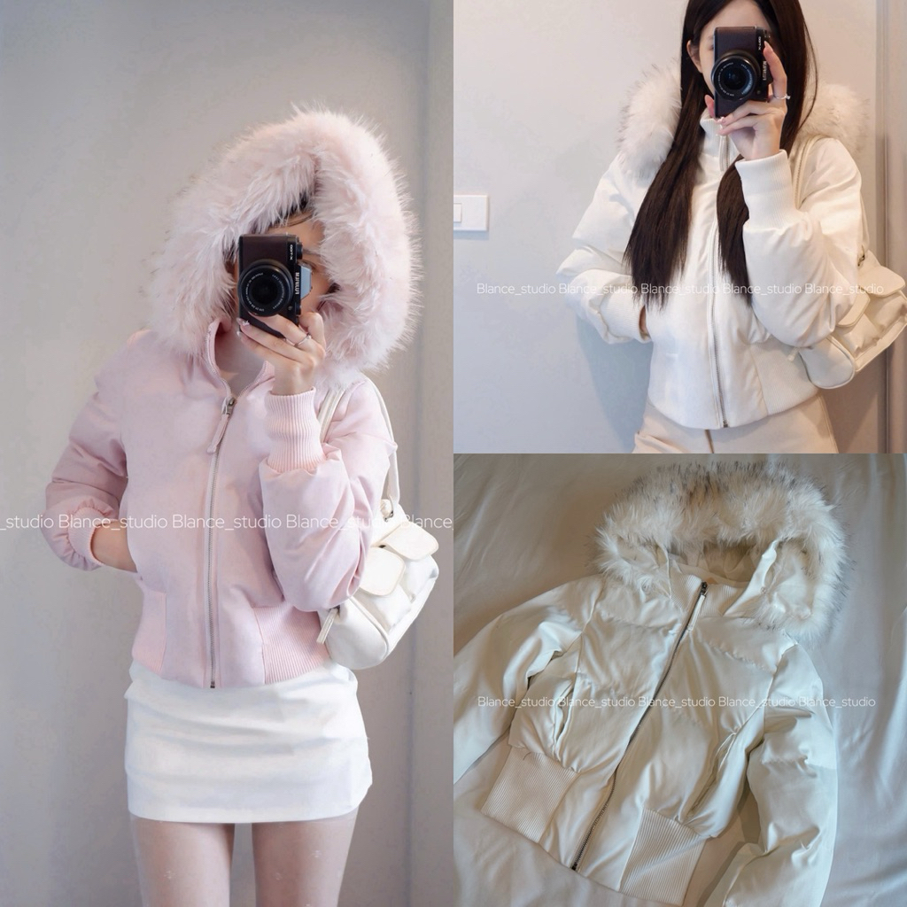 BLANCE STUDIO/ Áo phao dáng ôm có mũ tháo dời lông được( Sẵn Trắng )