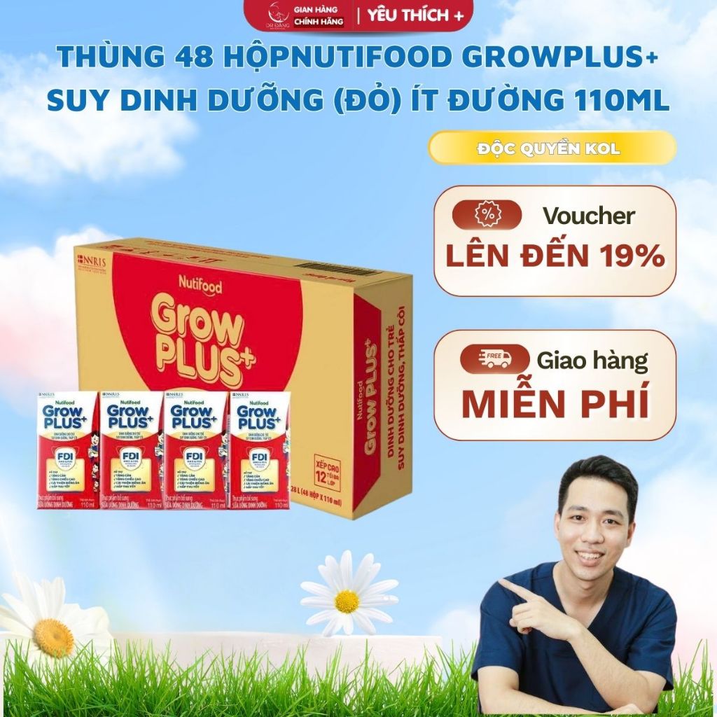 Thùng 48 hộp Nutifood GrowPLUS+ Suy Dinh Dưỡng (Đỏ) Ít đường 110ml