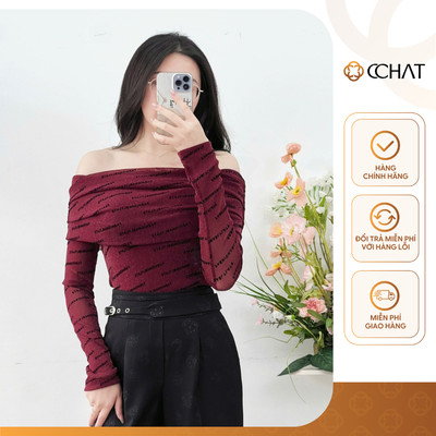 Áo Thun 𝐂𝐂𝐇𝐀𝐓 Dáng Ôm Trễ Vai Mia Có Sợi Kim Tuyến Chất Liệu Mềm Mại 24TDC5008OT