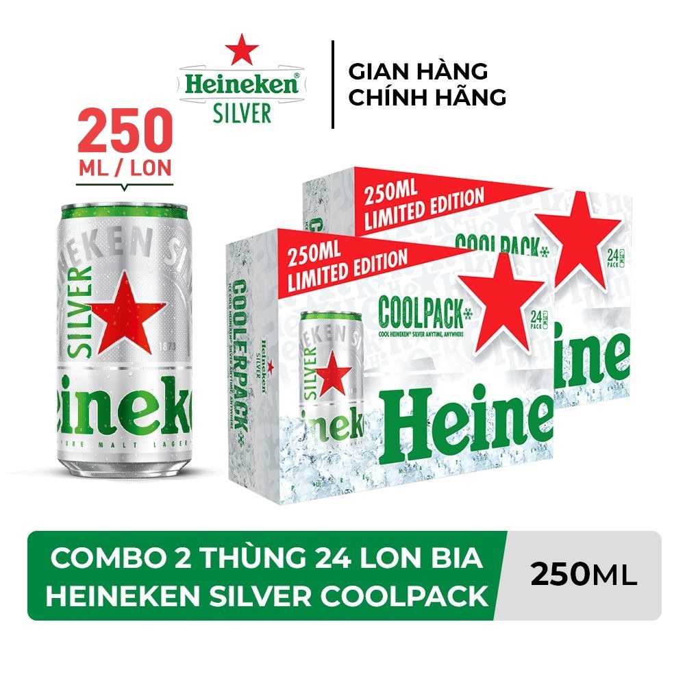  ĐỘ CỒN 4% - HỎA TỐC HCM - Combo 2 Thùng 24 lon bia Heineken Silver Coolpack 250ml lon 