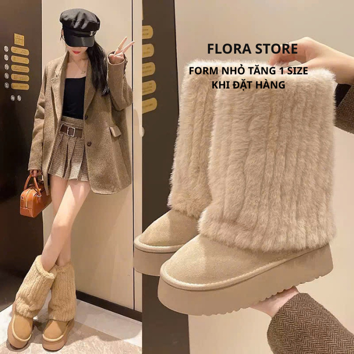 [ TĂNG 1 SZ ] Giày Bốt Nữ Lông Xù Cổ Trung Siêu Ấm Mùa Đông Phong Cách Hàn Quốc FLORA B24