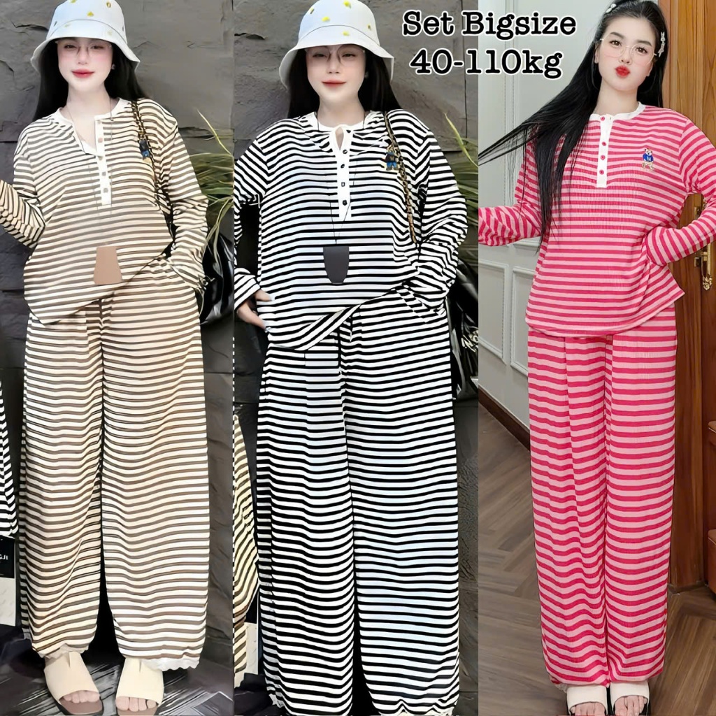 Set Bộ Dài Kẻ Sọc Thun Tăm Bigsize Cổ Tròn Cài Nút Form Rộng Thêu Gấu Phối Ren Che Giấu Bụng Hot Tre