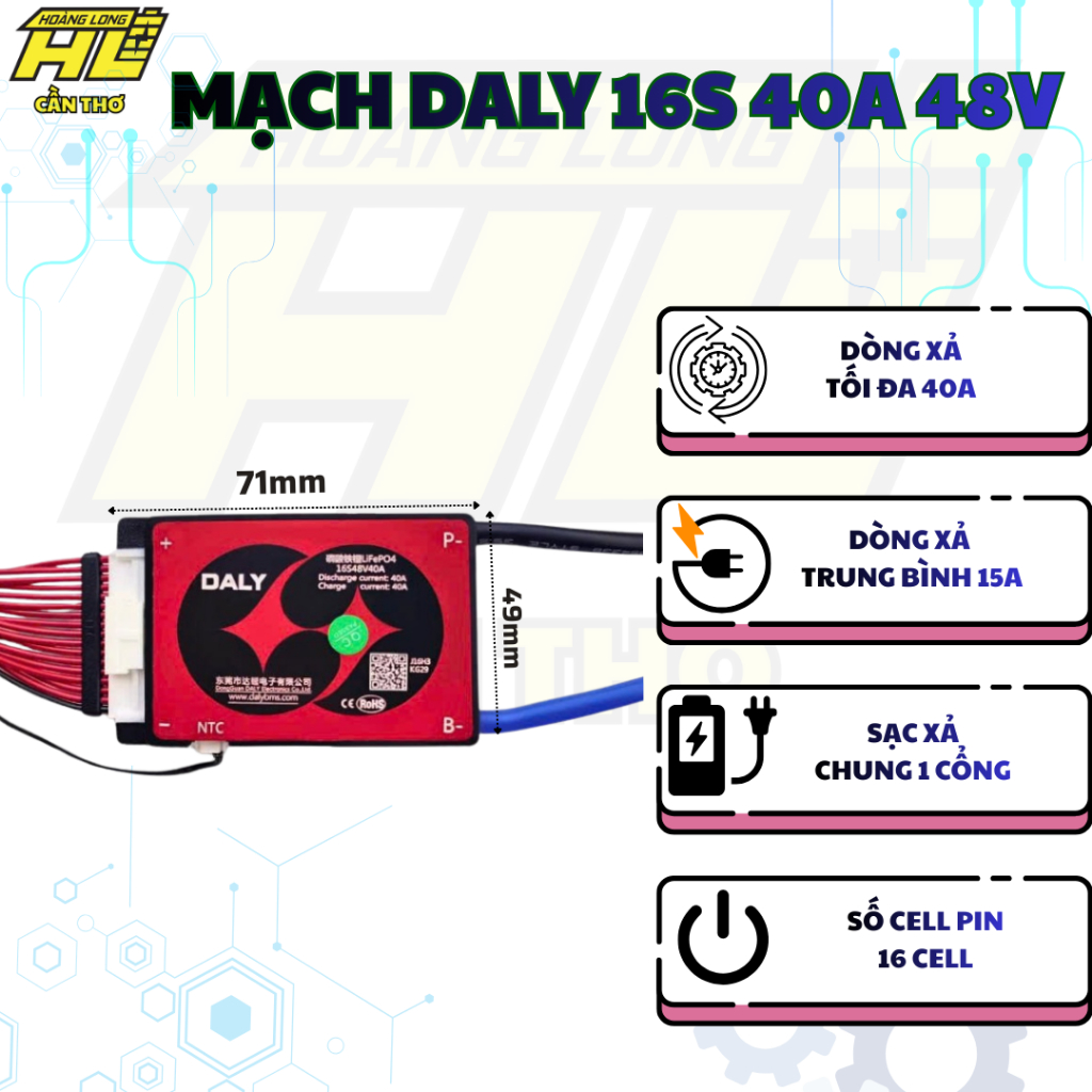 Mạch BMS DALY 16S 48V 40A Cho Cell LiFePO4 3.2V – Sạc/Xả Chung