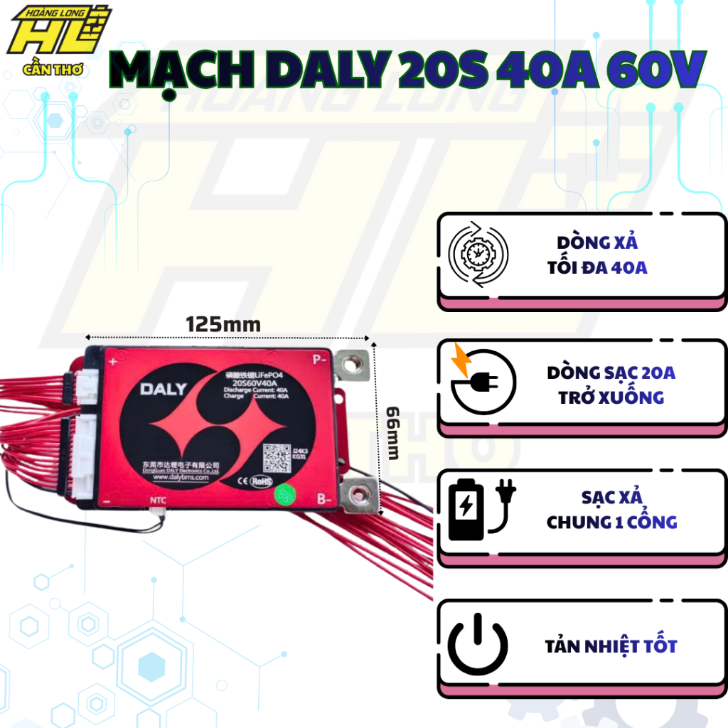 Mạch BMS DALY 20S 60V 40A Cho Cell LiFePO4 3.2V – Sạc/Xả Chung – Kèm Dây Cảm Biến Nhiệt
