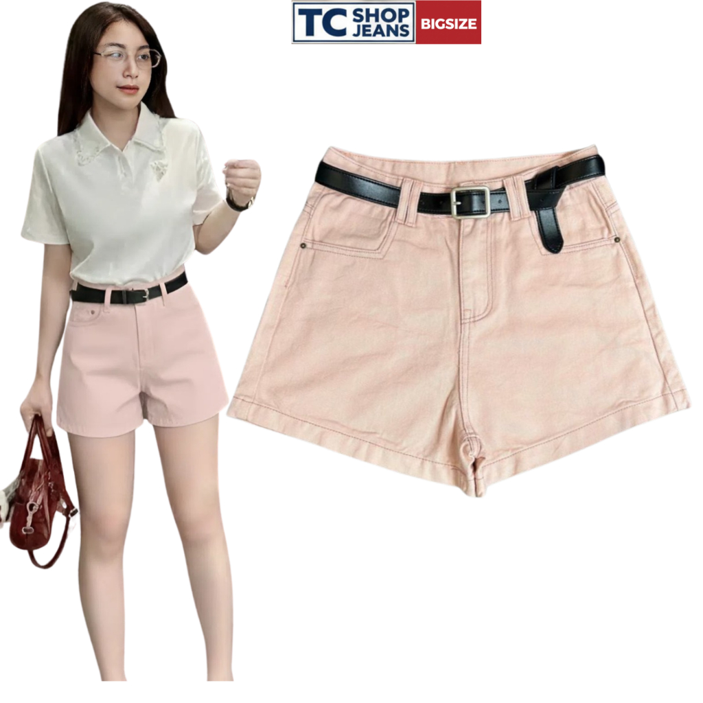 Quần Short Jean Lưng Cao Màu Hồng Phấn Dễ Thương TC SHOP JEANS BIGSIZE 55kg-90kg Chất Jean QC Mềm Mã