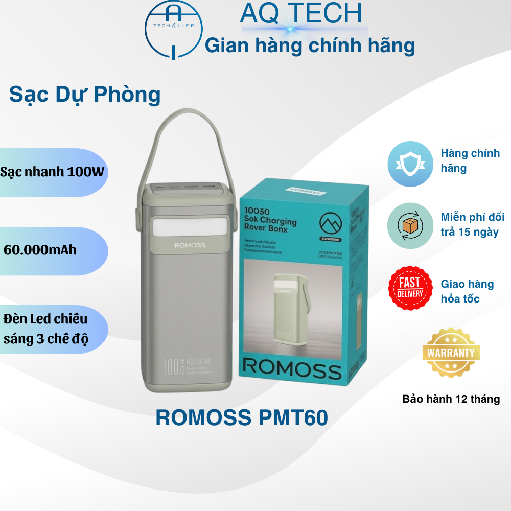 Pin sạc dự phòng ROMOSS PMT60 60000mAh 100W, sạc nhanh Type-C, nhiều cổng, có đèn LED