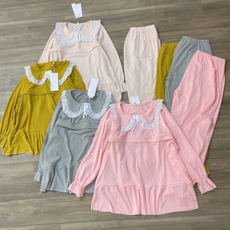 Bộ đồ bầu dài tay thu đông nỉ nhung tăm có kéo khoá con ti sau sinh mặc nhà dày dặn ấm áp HEROMOM