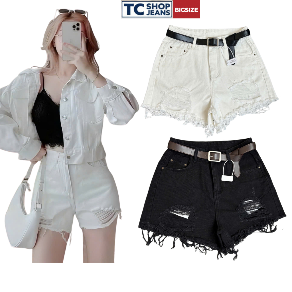 Quần Short Jean Rách Phối Tua Rua Lưng Cao TC SHOP JEANS BIGSIZE 55kg-90kg Chất Jean QC Mềm Mã QC 10