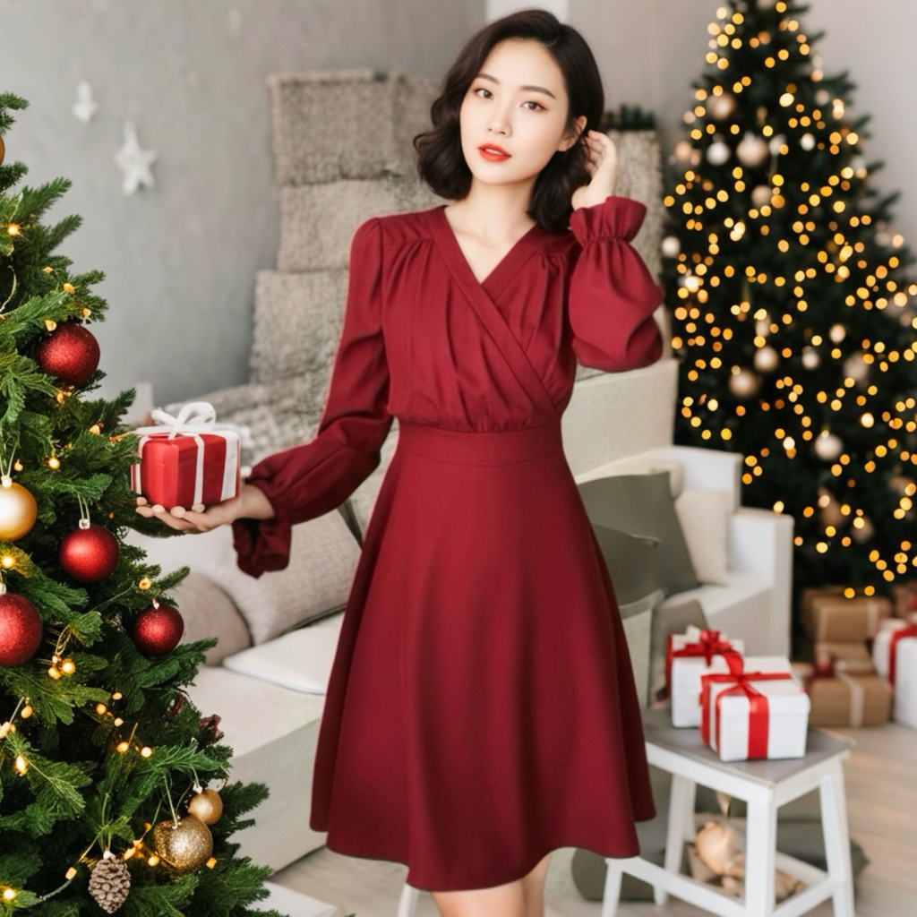 Đầm đỏ noel cổ V tay dài, váy dự tiệc (kèm hình thật)