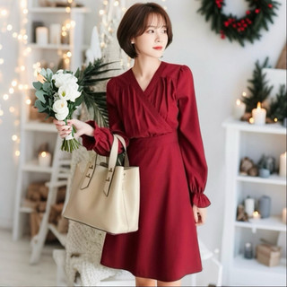 Đầm đỏ noel cổ V tay dài, váy dự tiệc (kèm hình thật)