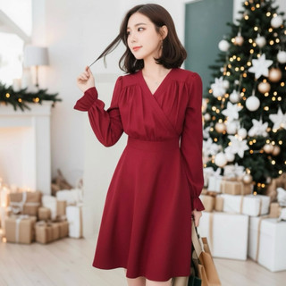 Đầm đỏ noel cổ V tay dài, váy dự tiệc (kèm hình thật)