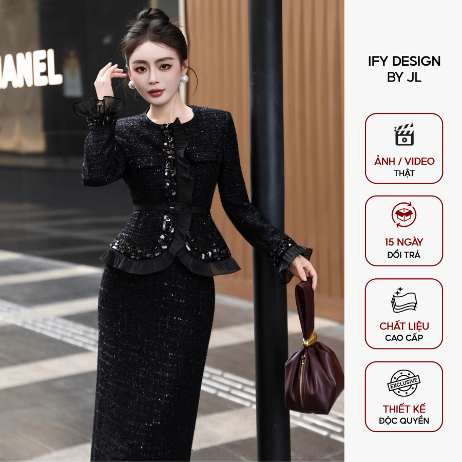 Set dạ tweet cao cấp IFY Design Áo vest peplum phối chân váy qua gối đầy tinh tế - SL2154