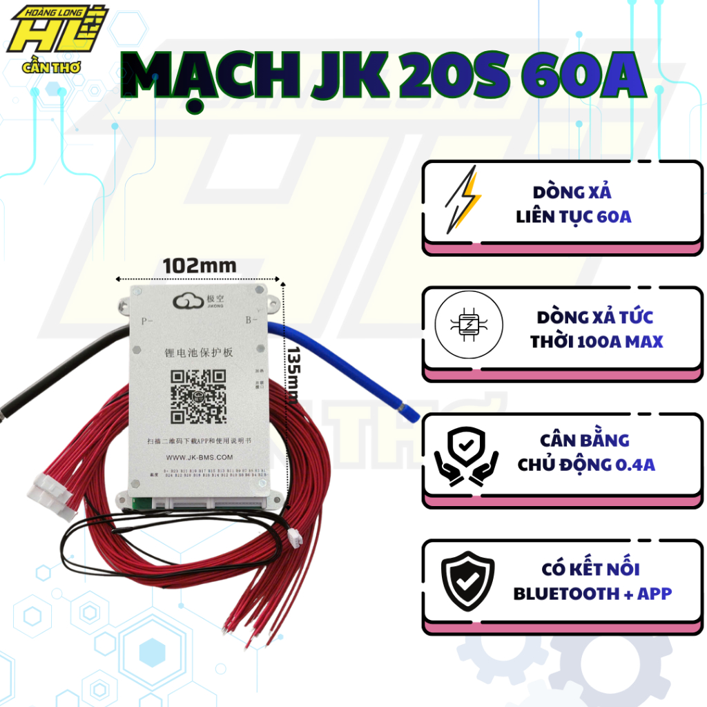 BMS JK 20S 60A (8S-20S) - Cân Bằng Chủ Động 0.4A, Kết Nối Bluetooth App