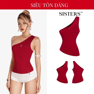  Áo đỏ nữ kiểu lệch vai 1 bên SISTERS chun nhún lệch tà tôn vòng 2 gợi cảm dáng dài ba lỗ đính logo inox Dora| SS-T62-DO 