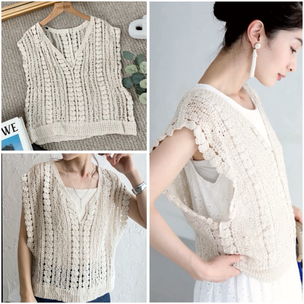 [HÀNG MỸ] Áo gi-lê SINGRID OLSEN len đan cổ V sát nách trắng kem