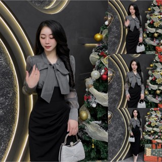  VK21 - Váy Thiết Kế Evii dành cho nữ Đầm thiết kế cổ dây nơ liền phối tơ dáng bút chì xếp ly phần hông phù hợp đi làm 