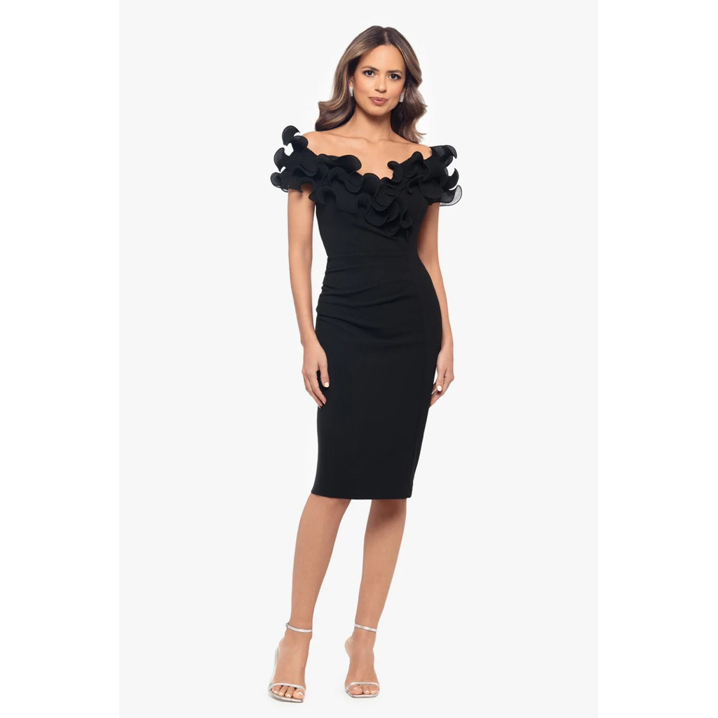 Đầm XScape rớt vai xếp nếp 3D màu đen sang trọng