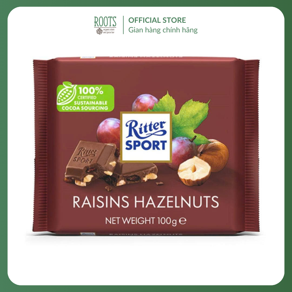 (Ship hỏa tốc) RITTER SPORT - Socola Sữa Nho Khô & Hạt Dẻ, Raisins Hazelnuts, with Sun-Ripened Calif
