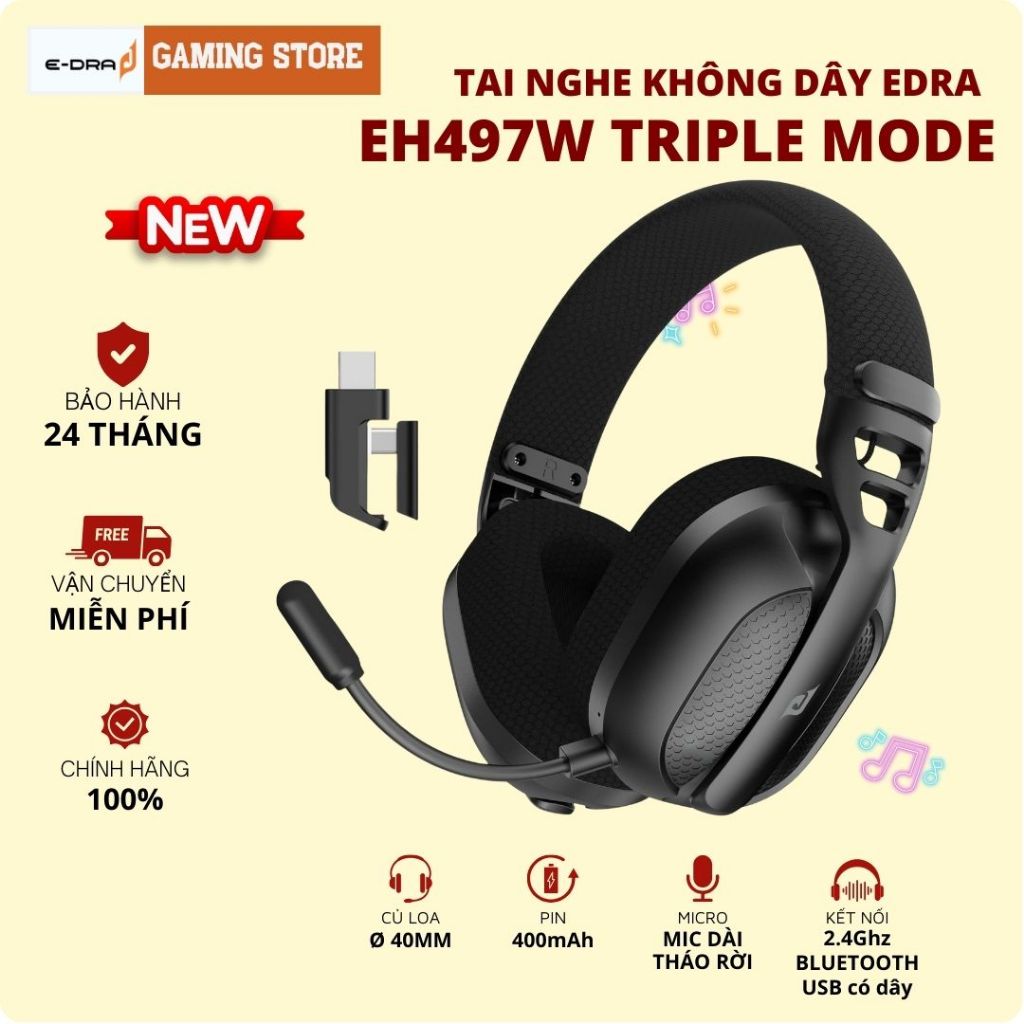 Tai nghe gaming không dây Edra EH497W, EH496W Mic rời Sạc Type-C đầu cắm USB Chính Hãng BH 2 năm